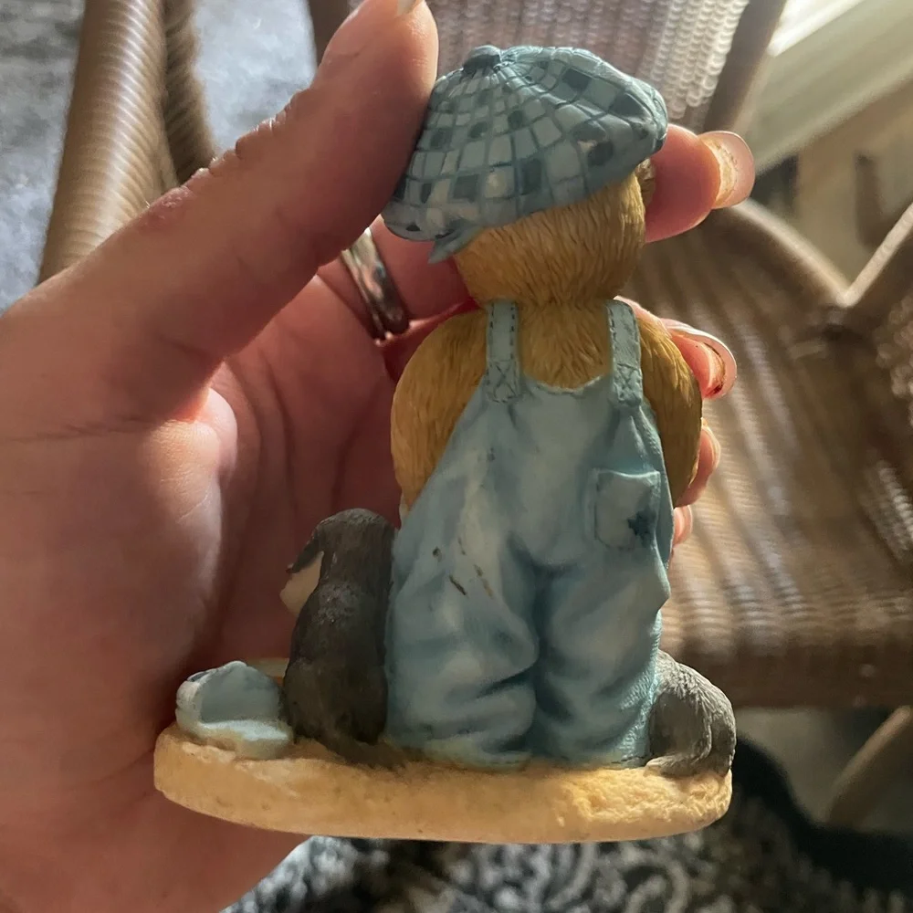 Cherished Teddies Brown Bear with Blue Overalls and Puppies
